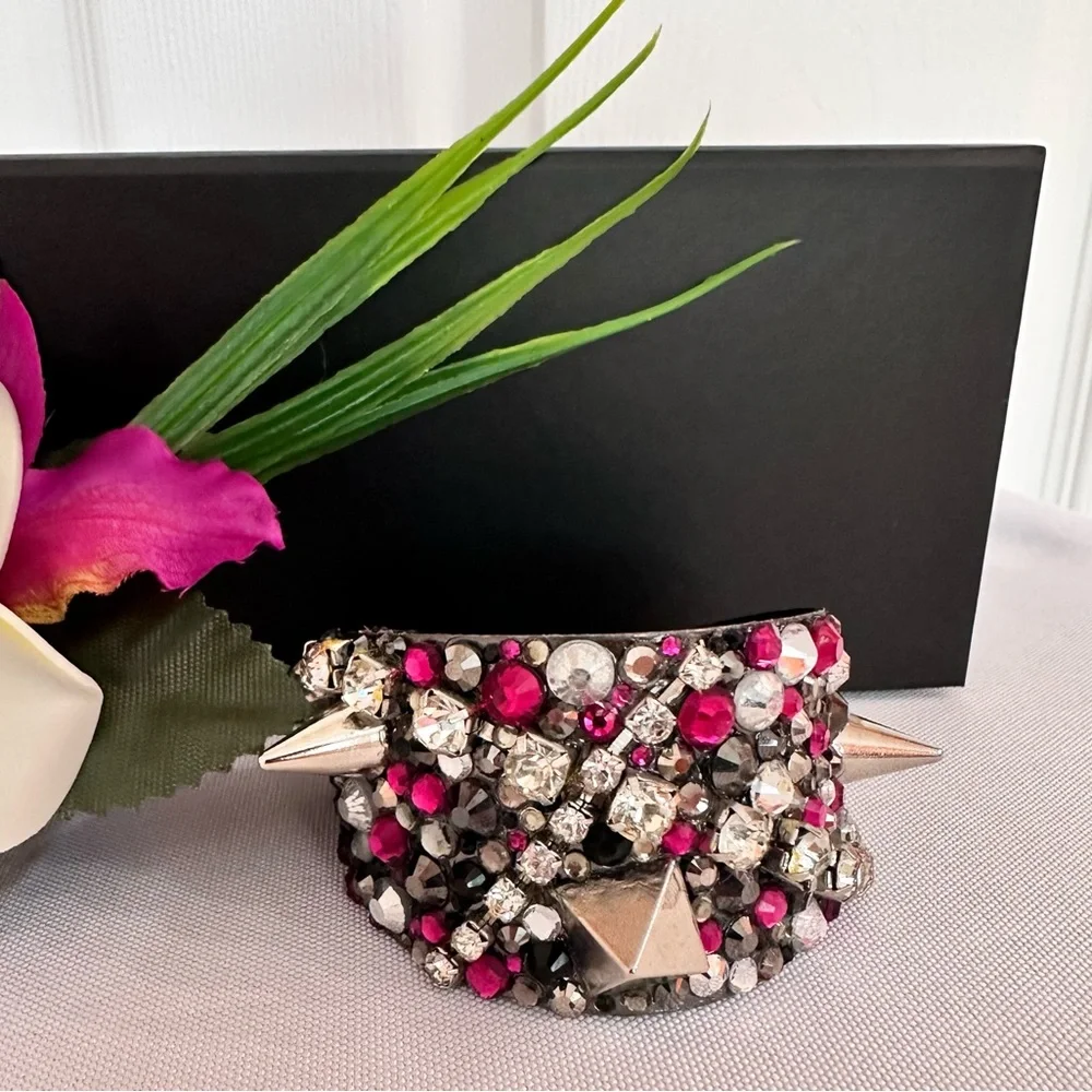 CUFF BRACELET ~ Studded Pink Silver Gray and Black Cuff w/Swarovski Crystals